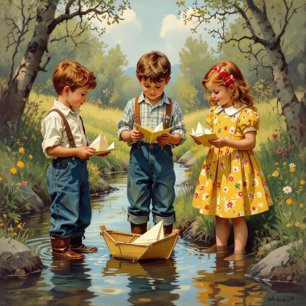 Children Playing with Paper Boats by a Stream