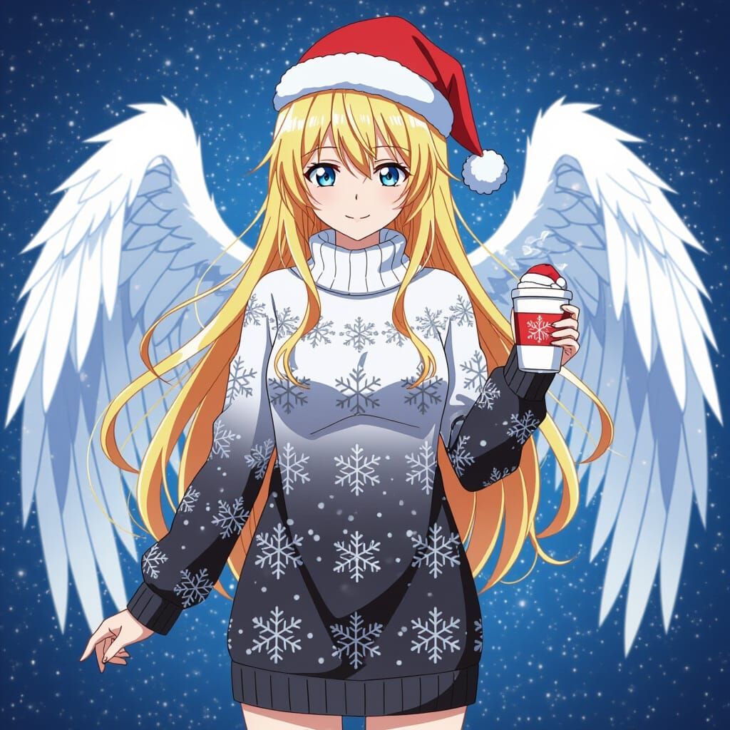 Anime Angel Woman with Snowflakes Dress