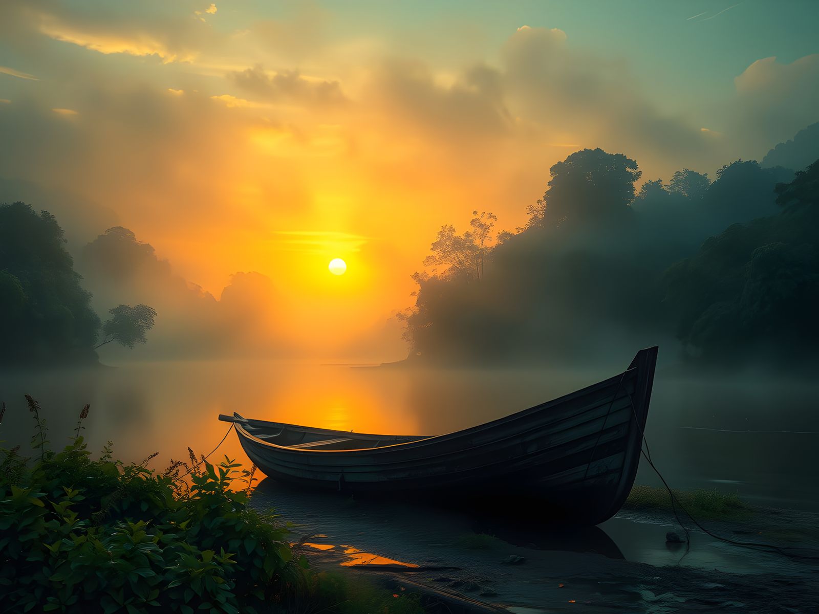 Fishing Boat at Sunset in Turner Style