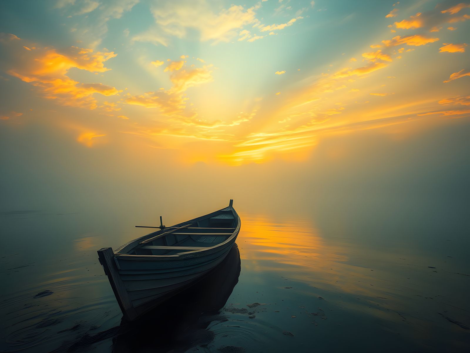 Fishing Boat on River at Sunset in Romanticism Style