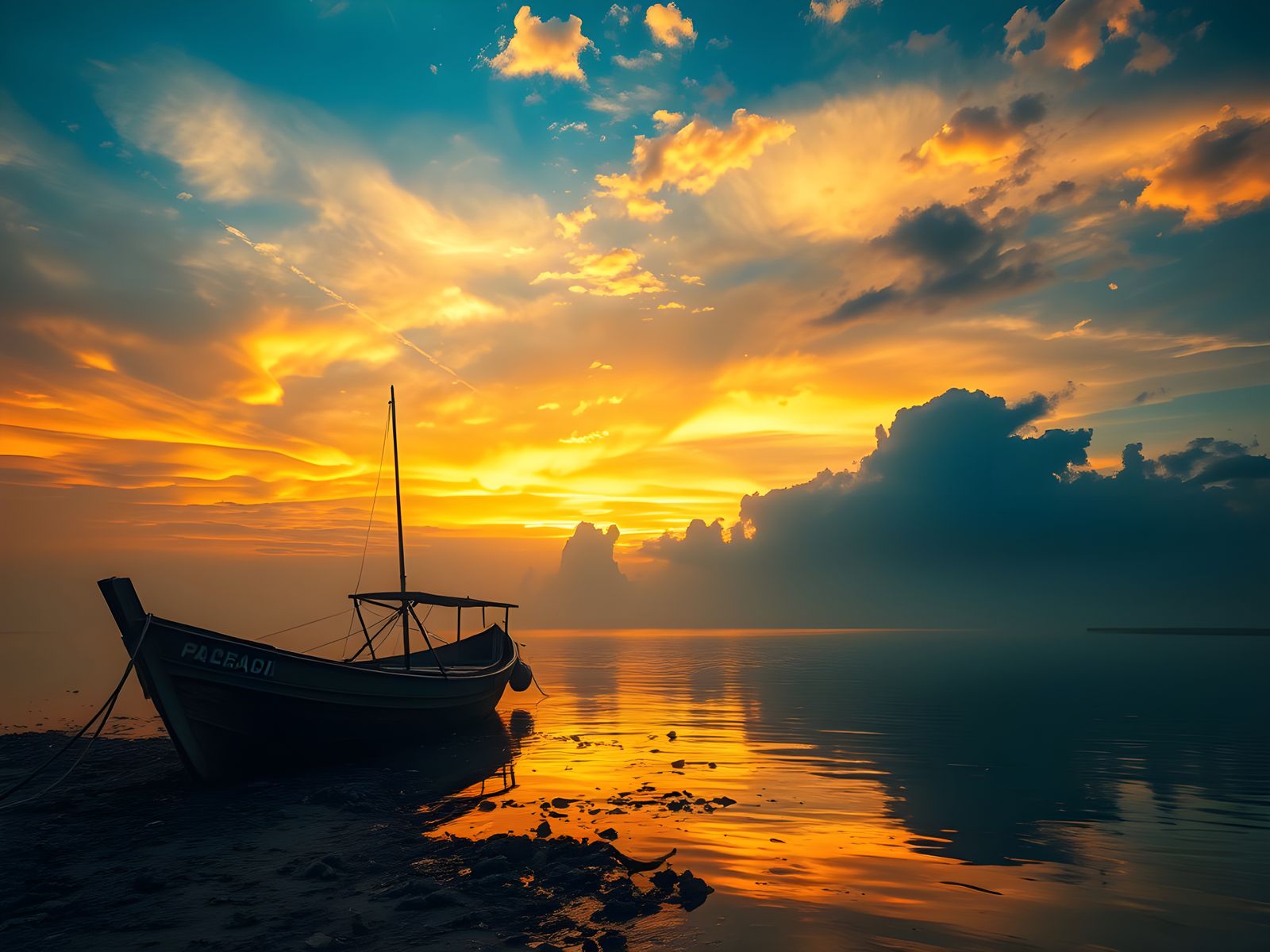 Fishing Boat at Sunset in Romanticist Style