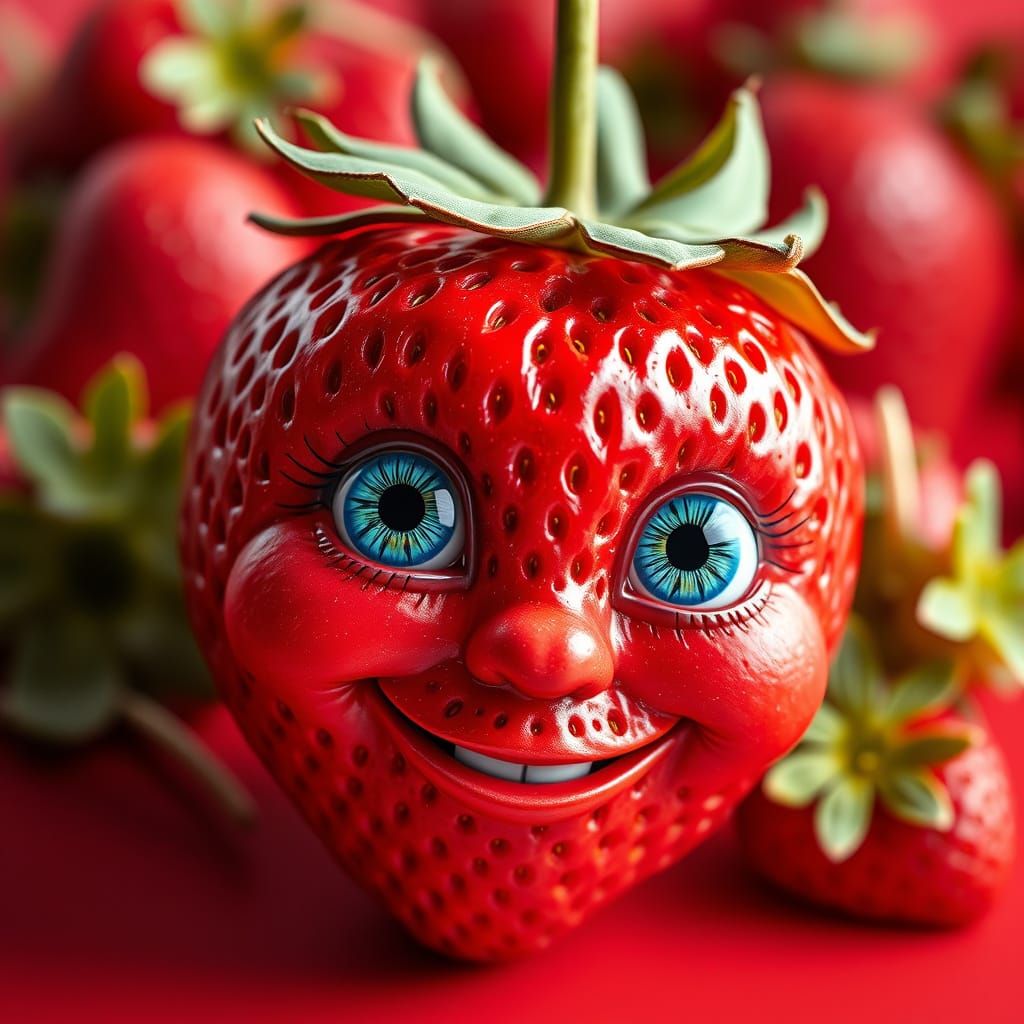 Whimsical Strawberry Portrait in Photorealistic Style