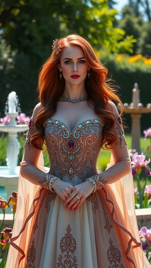 Regal Woman in Sun-Dappled Garden