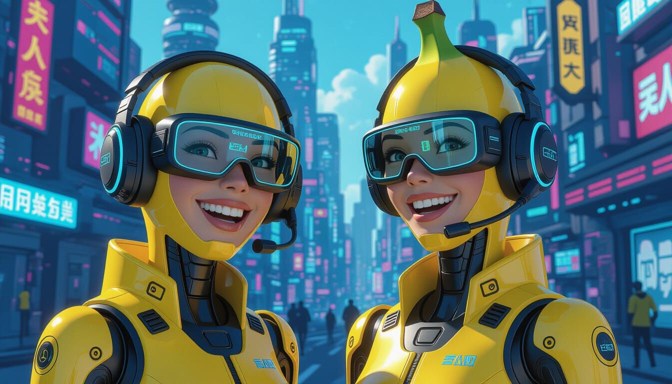Friendly AI Banana in Cyberpunk Cityscape