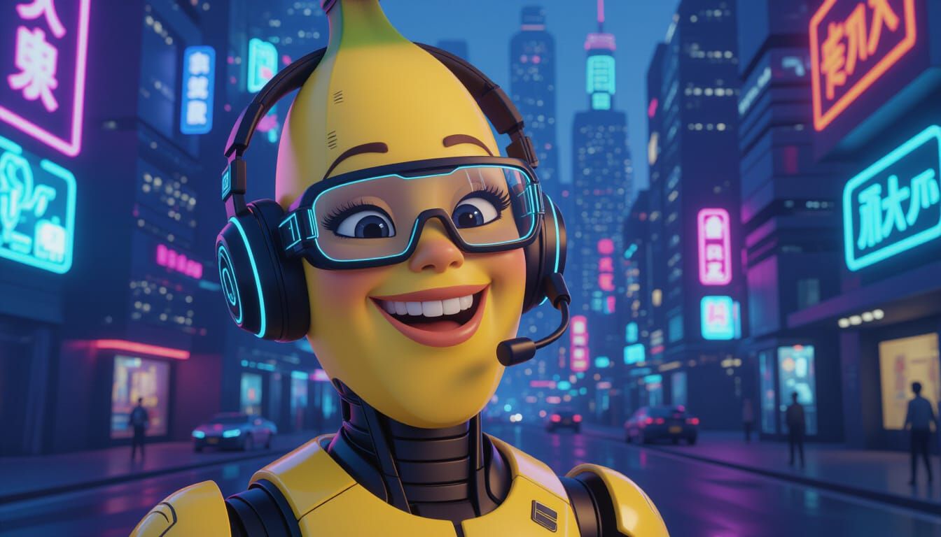 Friendly Banana AI in Cyberpunk Cityscape