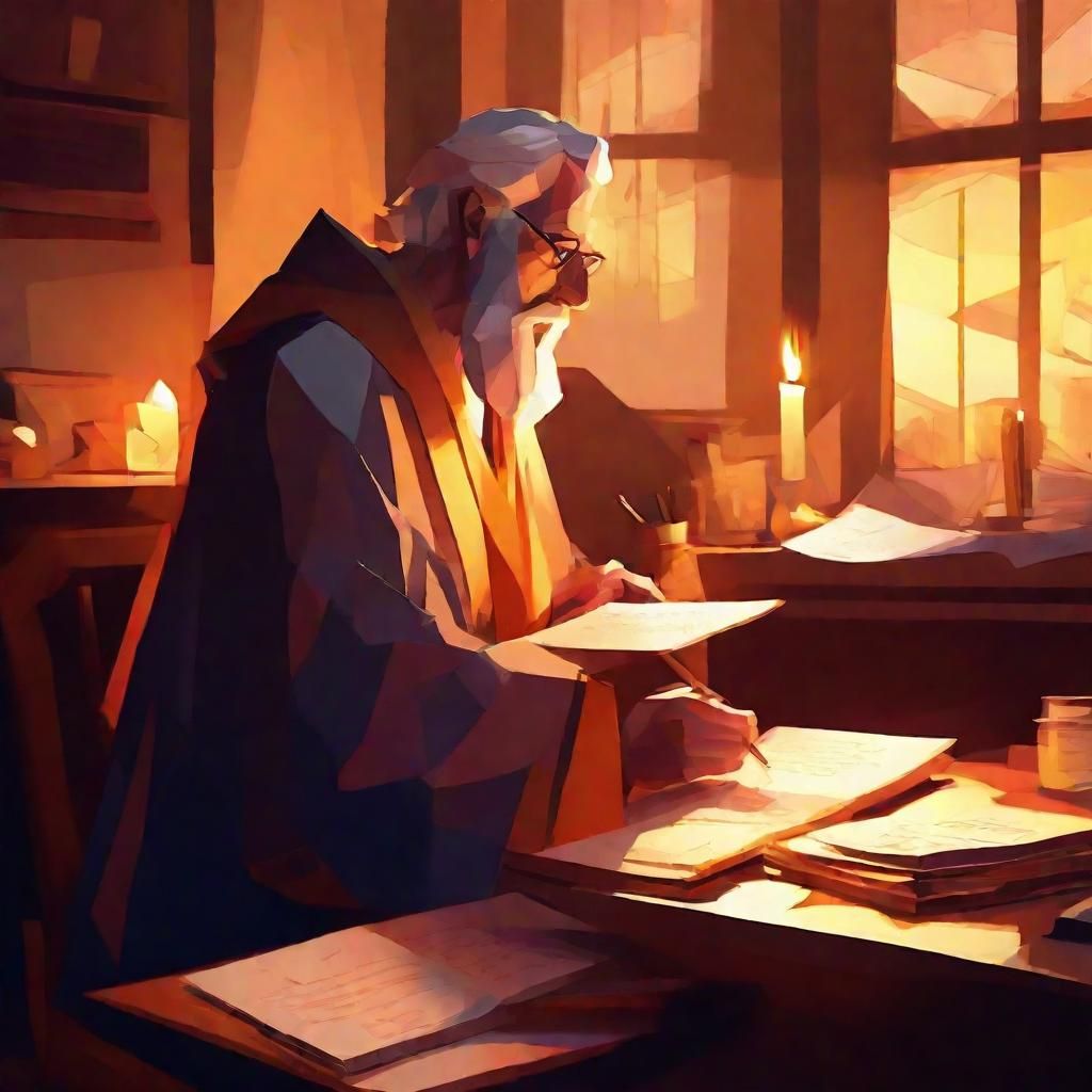 God's Scrivener: Vibrant Low-Poly Digital Painting