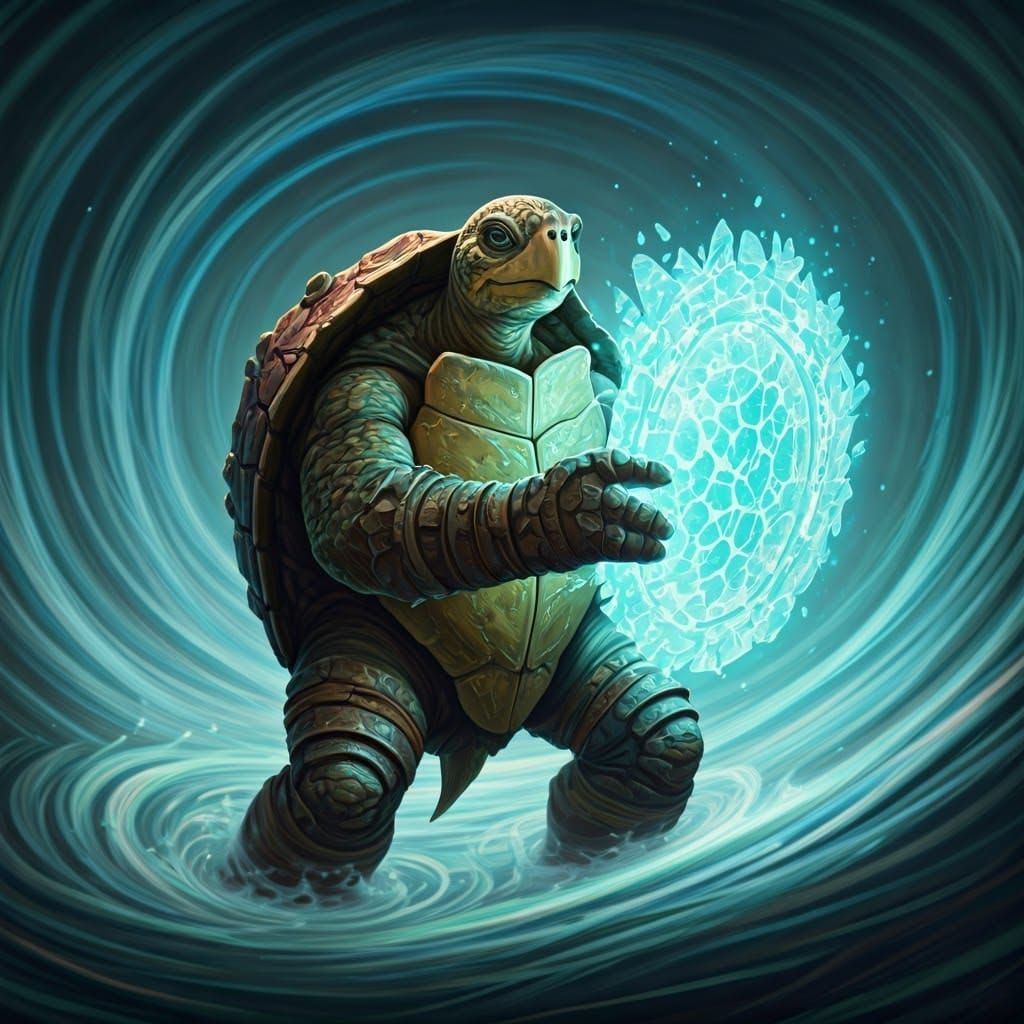Heroic Turtle Unleashes Ethereal Shield in Swirling Vortex