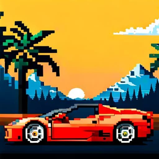 8-Bit Pixel-Art Ferrari in California Scenery