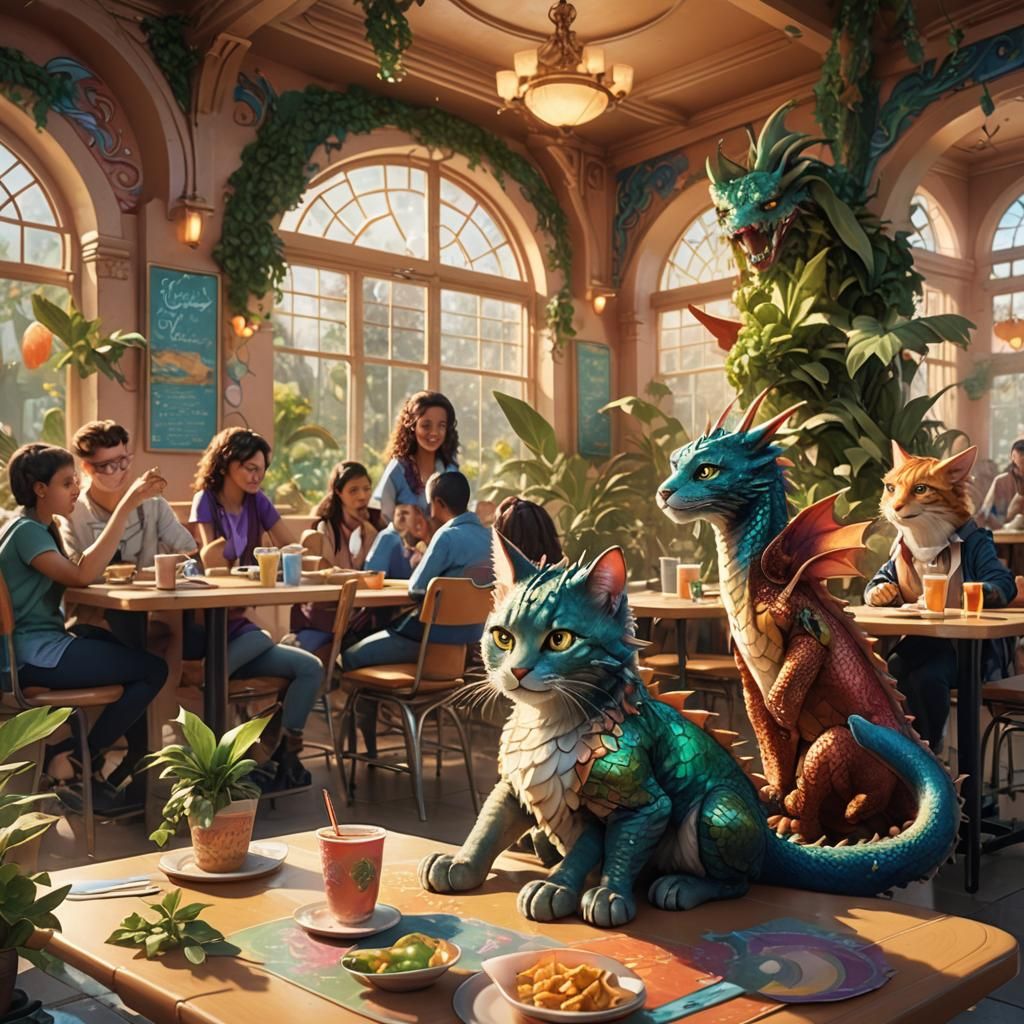 Young Cat Dragon at School Cafeteria: Digital Painting