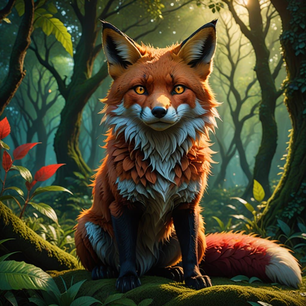 Fantastical Red Fox Hybrid in Mystical Forest