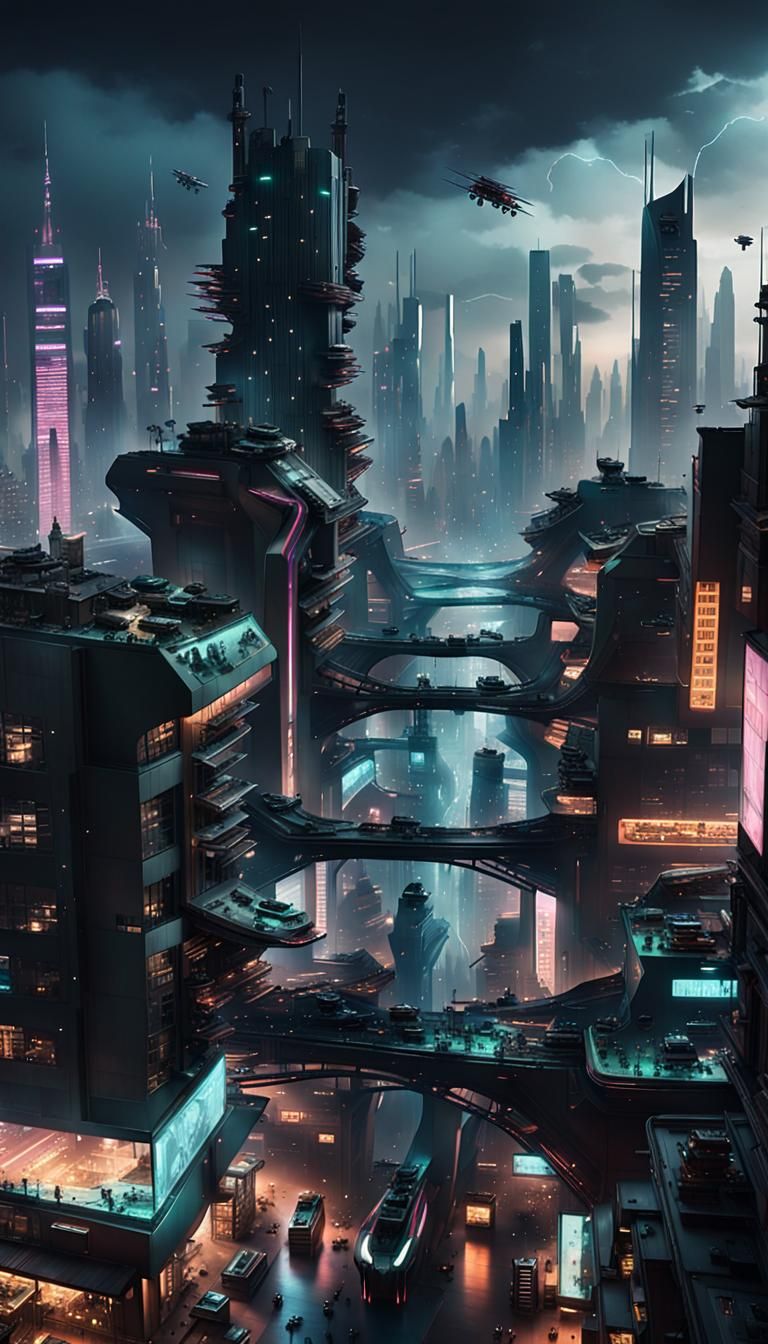 Cyberpunk Cityscape at Night with Flying Vehicles