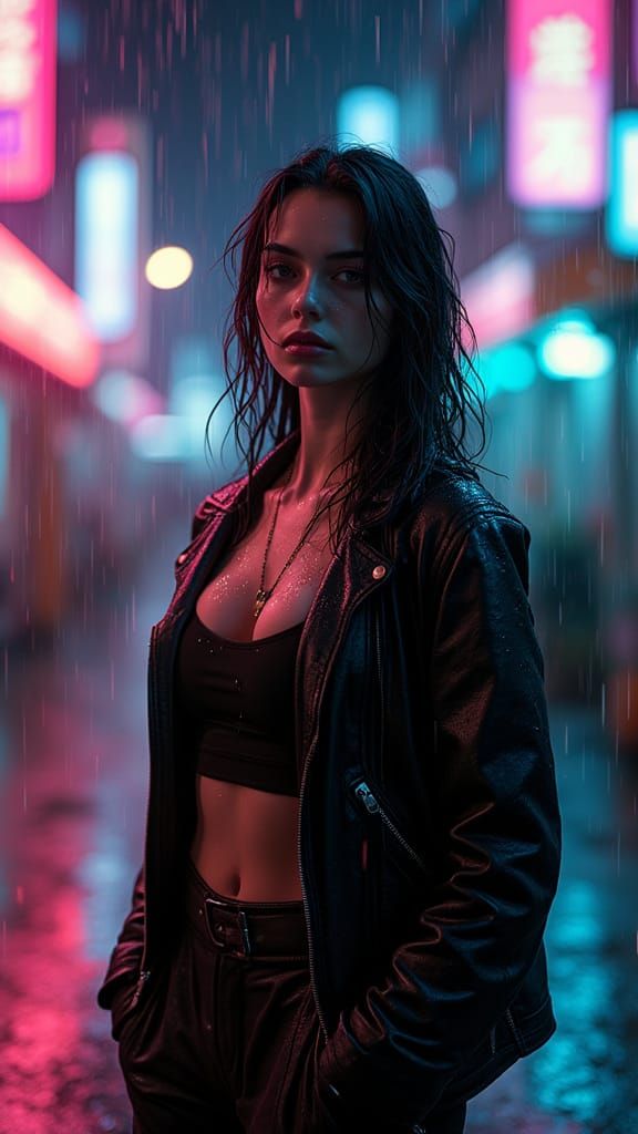 Cyberpunk Woman in Neon Rain