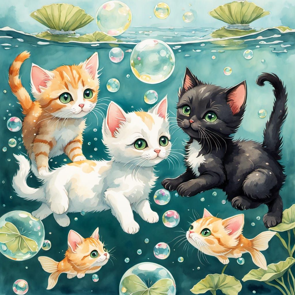 Whimsical Chibi Kittens Play in Soothing Water Scene