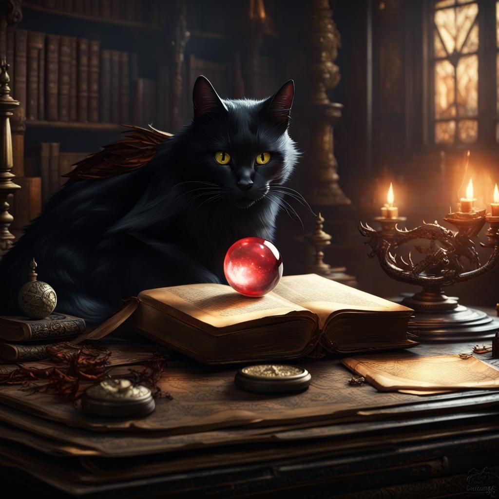 Winged Black Cat on Spellbook: Dark Fantasy Art