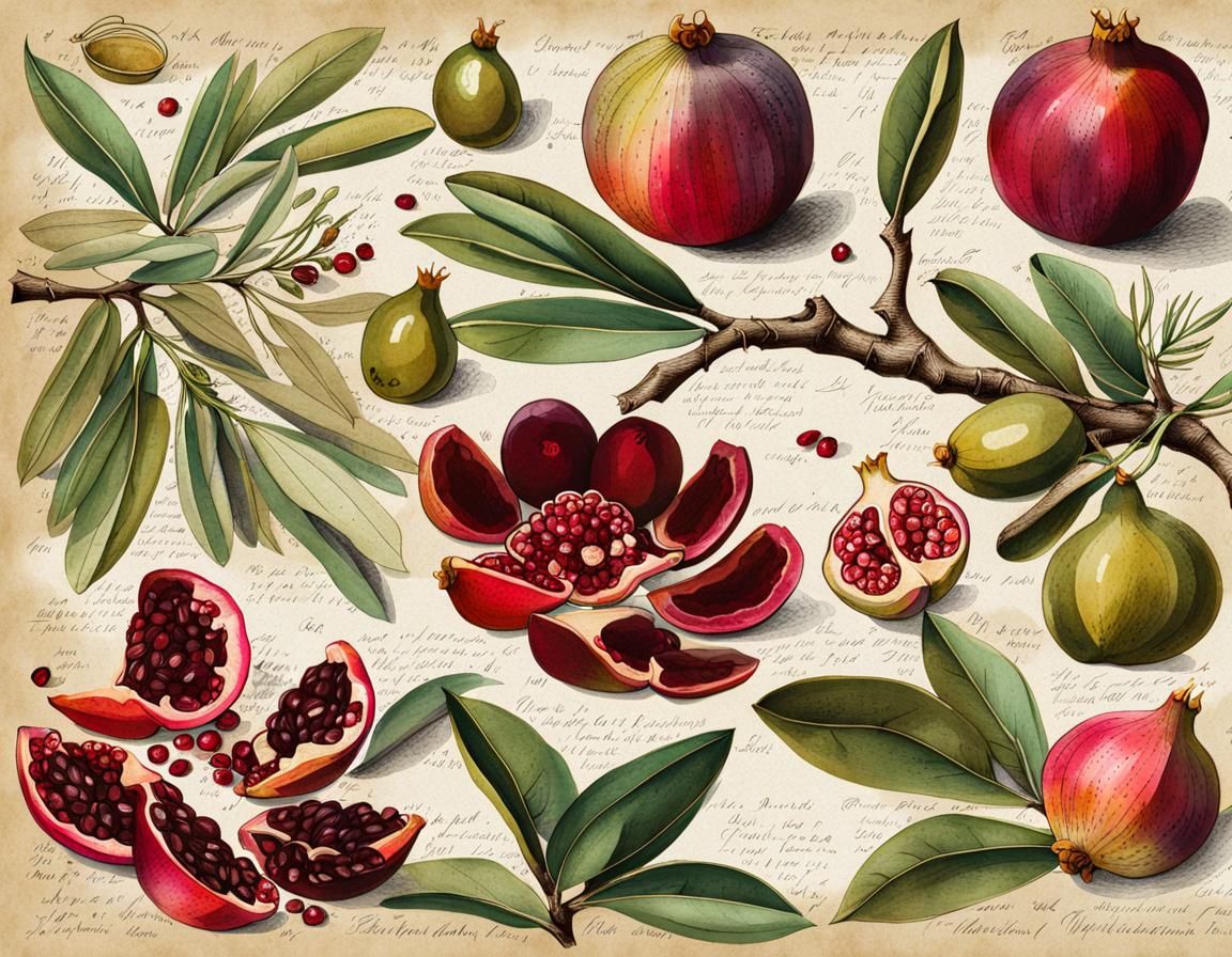 Botanical Ink Illustrations of Flora on Parchment