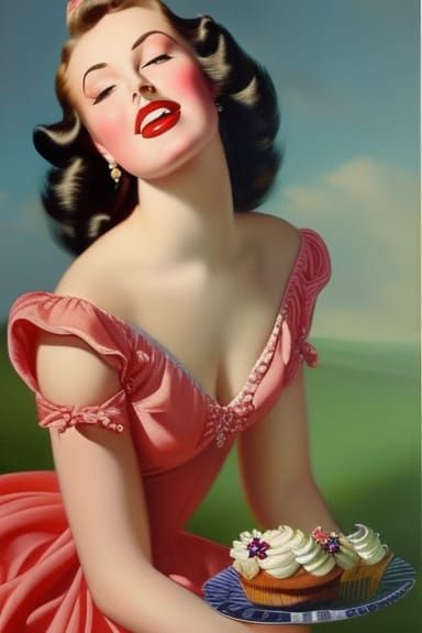 Vintage 1940s Pinup Girl with Cupcake in Oil Painting
