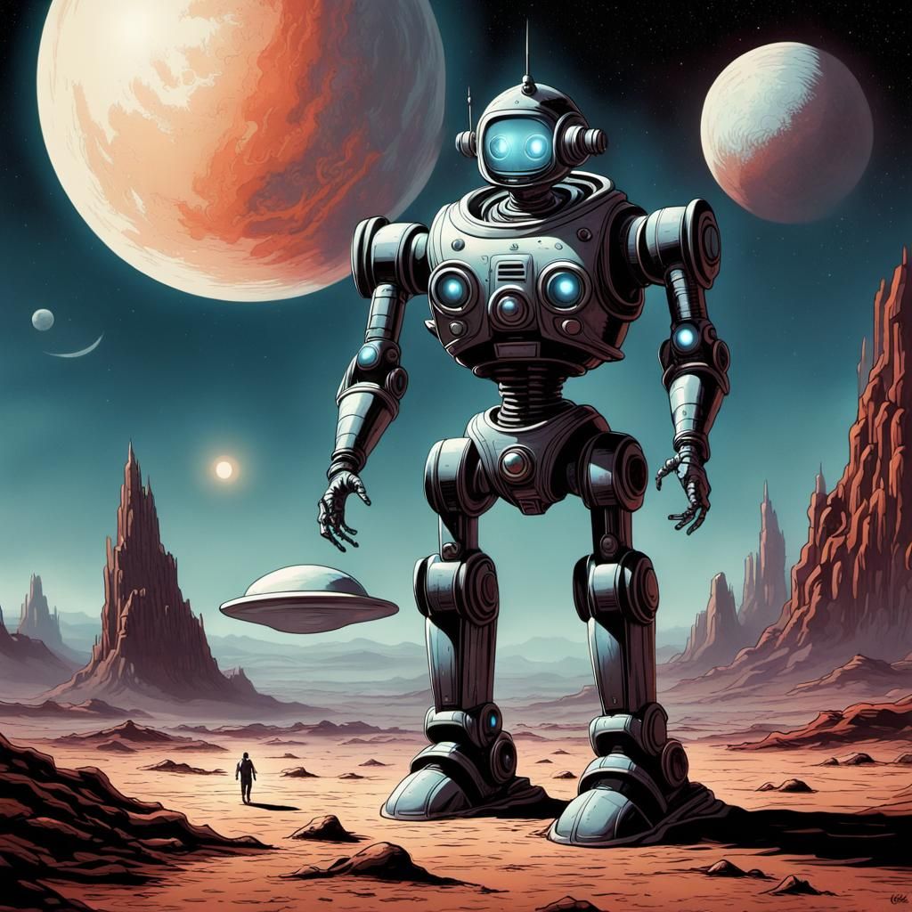 1950s Sci-Fi Robot on Alien Planet, Vintage Poster