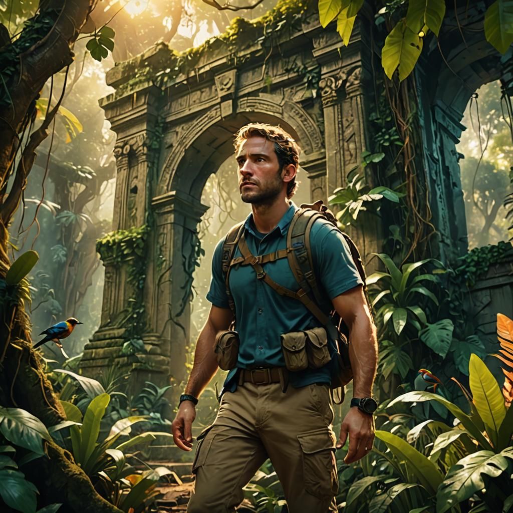 Brave Adventurer in Lush Jungle, Digital Art