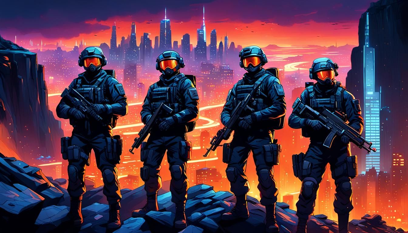 Futuristic Soldiers Overlook Neon Cityscape at Sunset