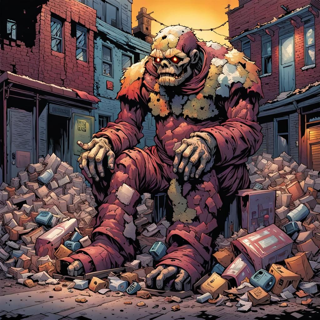 Colorful Trash Golem on Abandoned Street: Comic Book Art