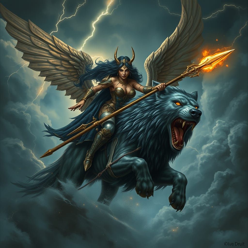 Valkyrie Goddess Rides Winged Wolf Through Stormy Skies in H...