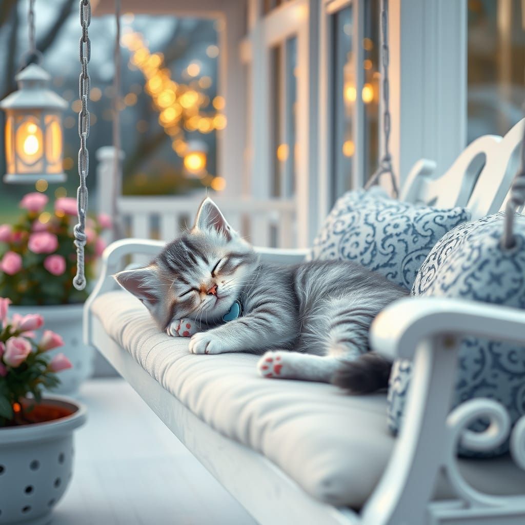 Whimsical Kitten in a Serene Porch Scene