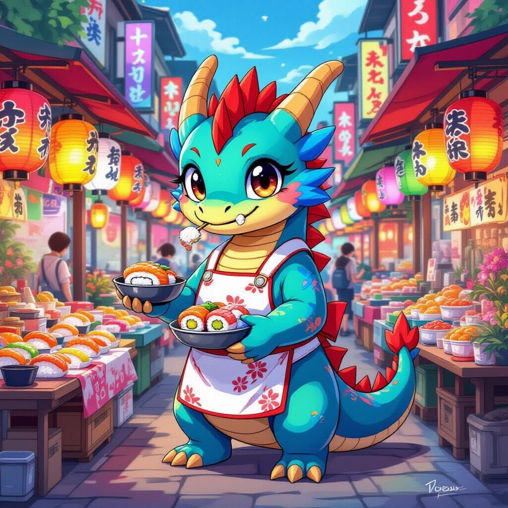 Neon Dragon Sushi Shop in Japan, Anime Style