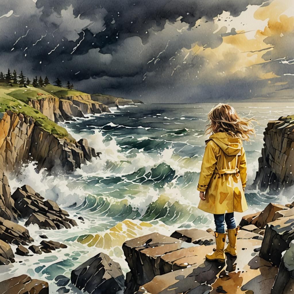 Girl in Yellow Raincoat by Stormy Sea