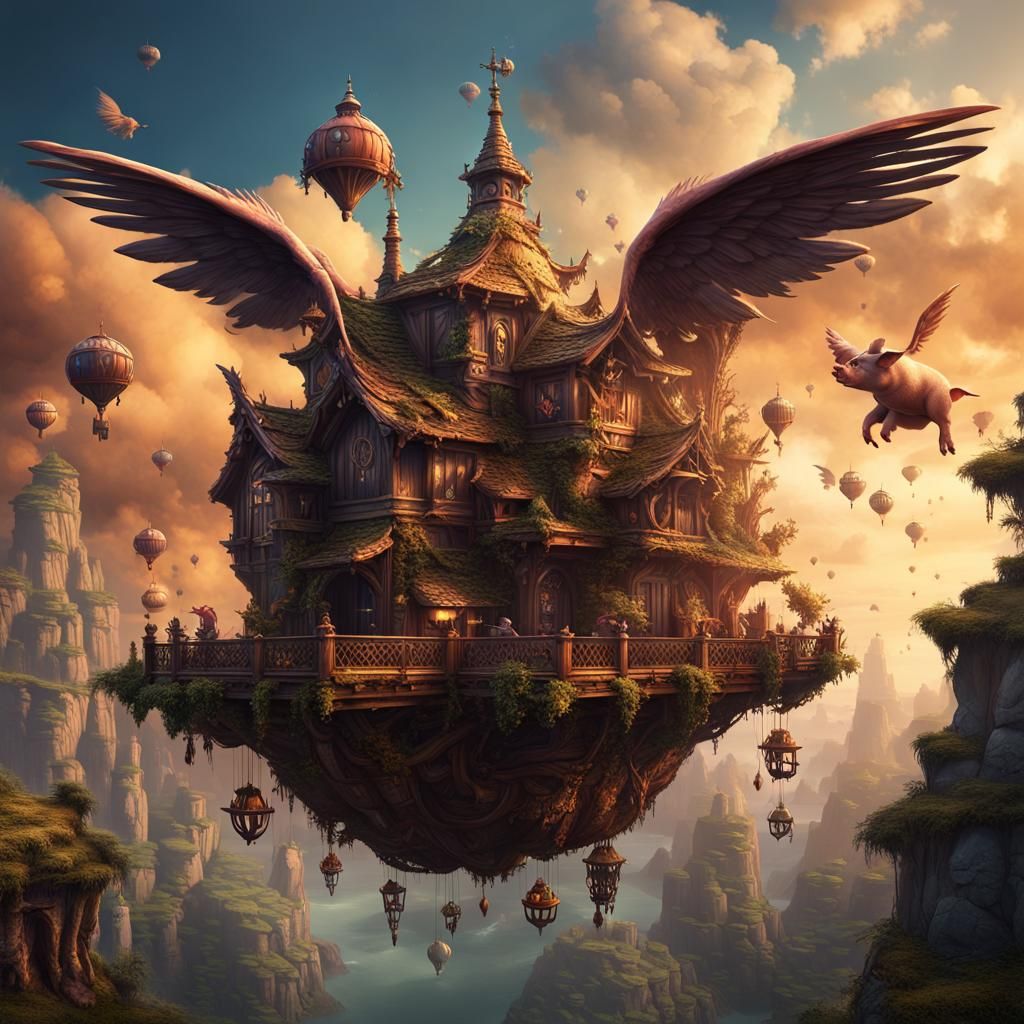 Fantastical Flying Pigs in Matte Painting Style