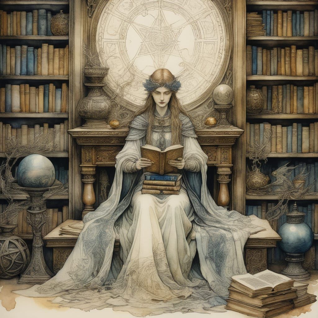 Enchanted Sorceress in Library: Fantasy Illustration