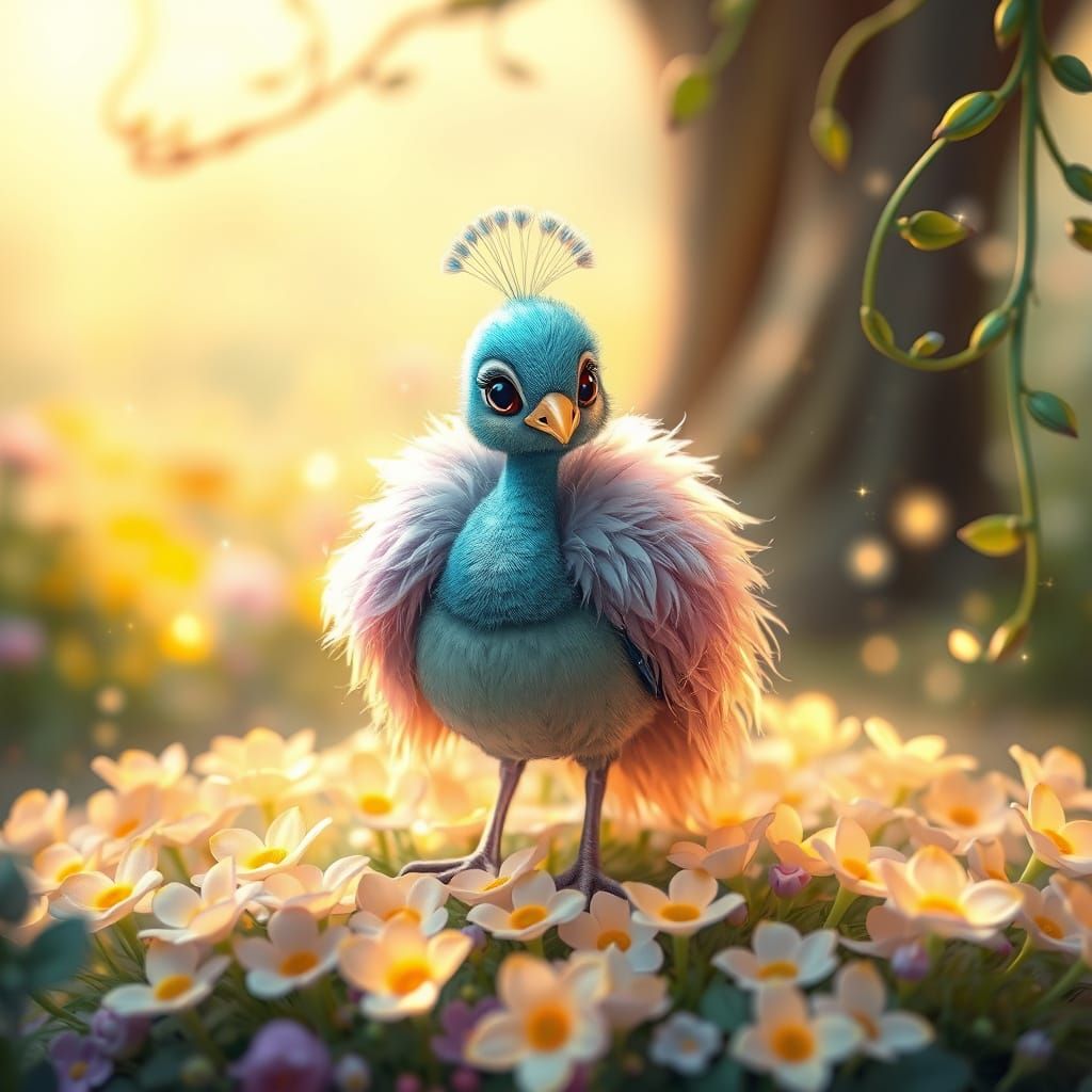 Enchanted Baby Peacock in a Glowing Garden