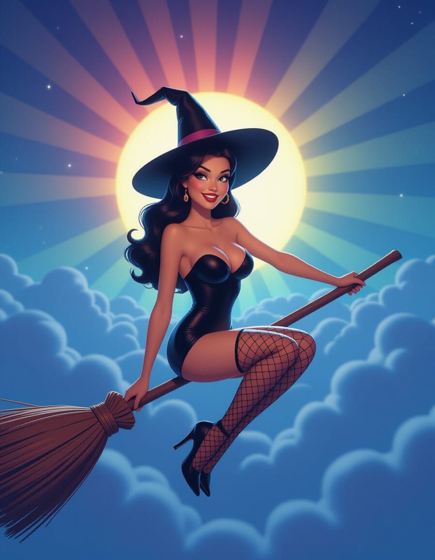 Pin-Up Witch Soars on Broomstick Over Clouds