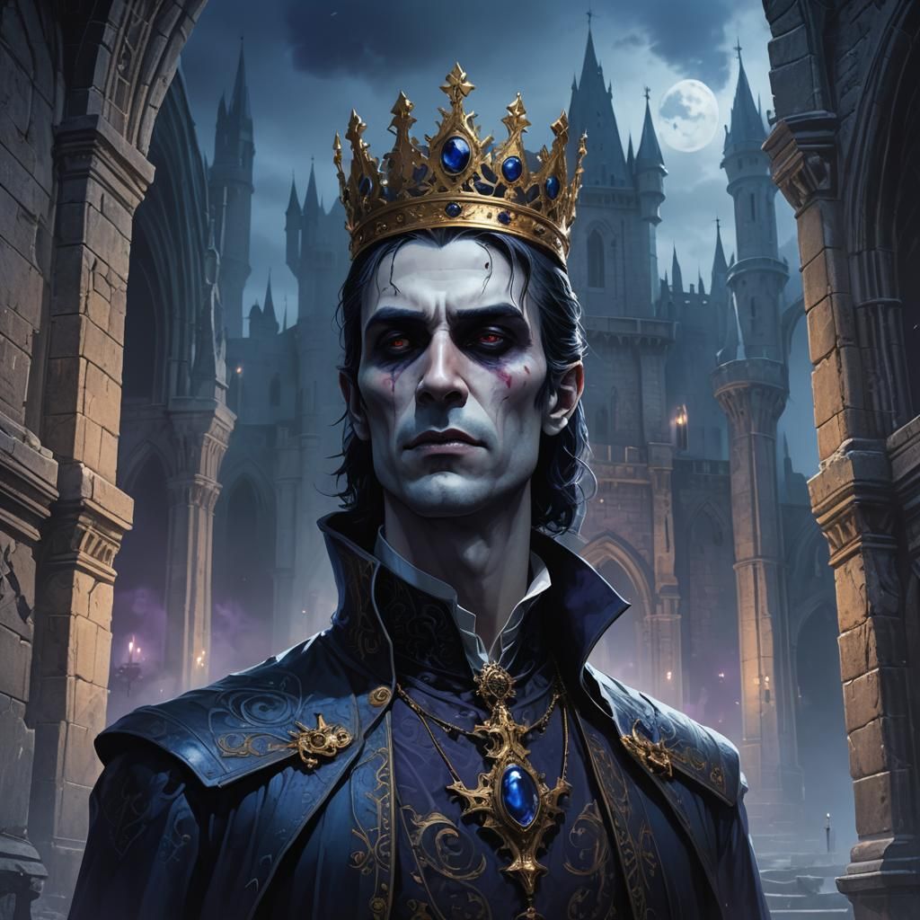 Gothic Vampire King in Blue Landscape, Gothic Art