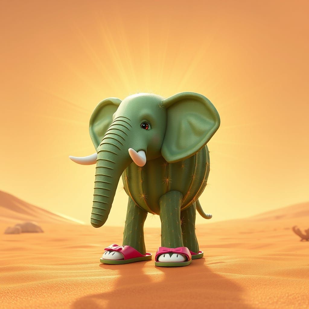 Whimsical Elephant-Cactus Hybrid in Desert Landscape
