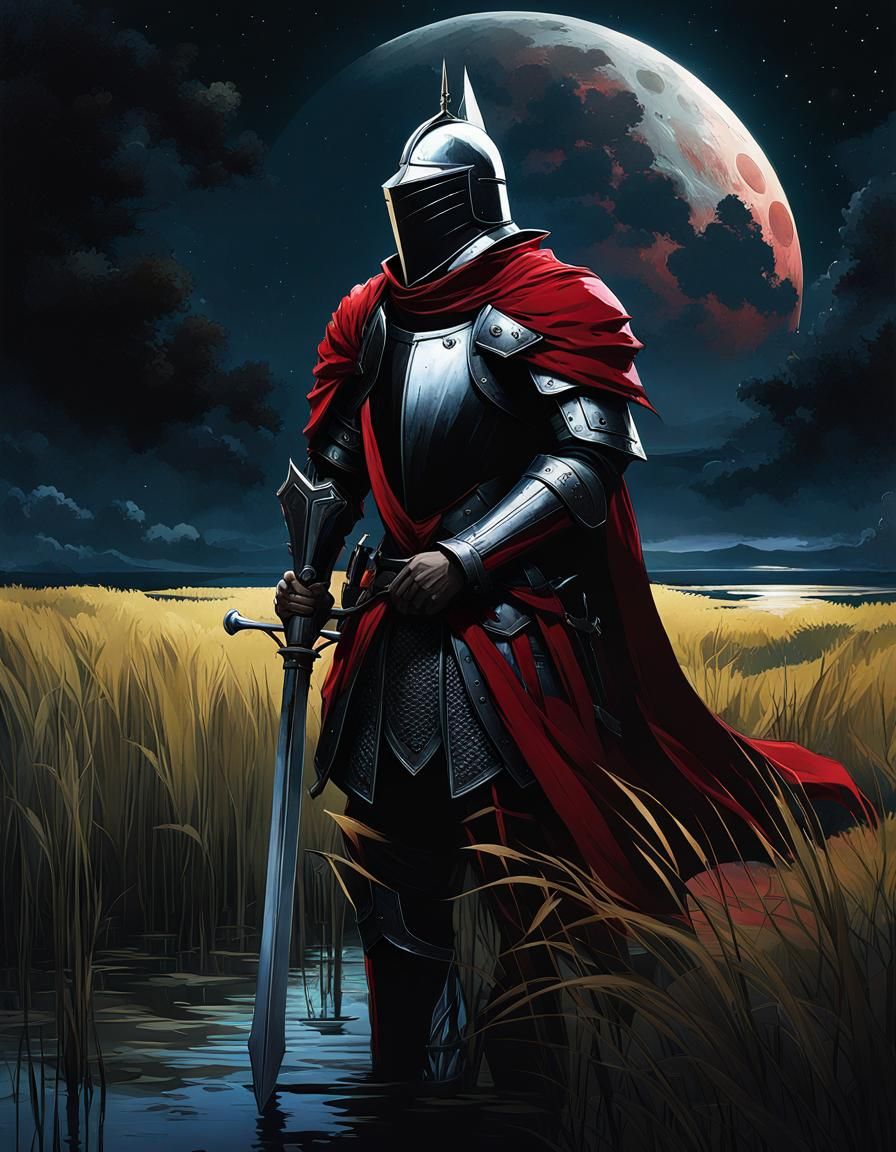 Mysterious Knight in Midnight Marsh Under Blood Moon