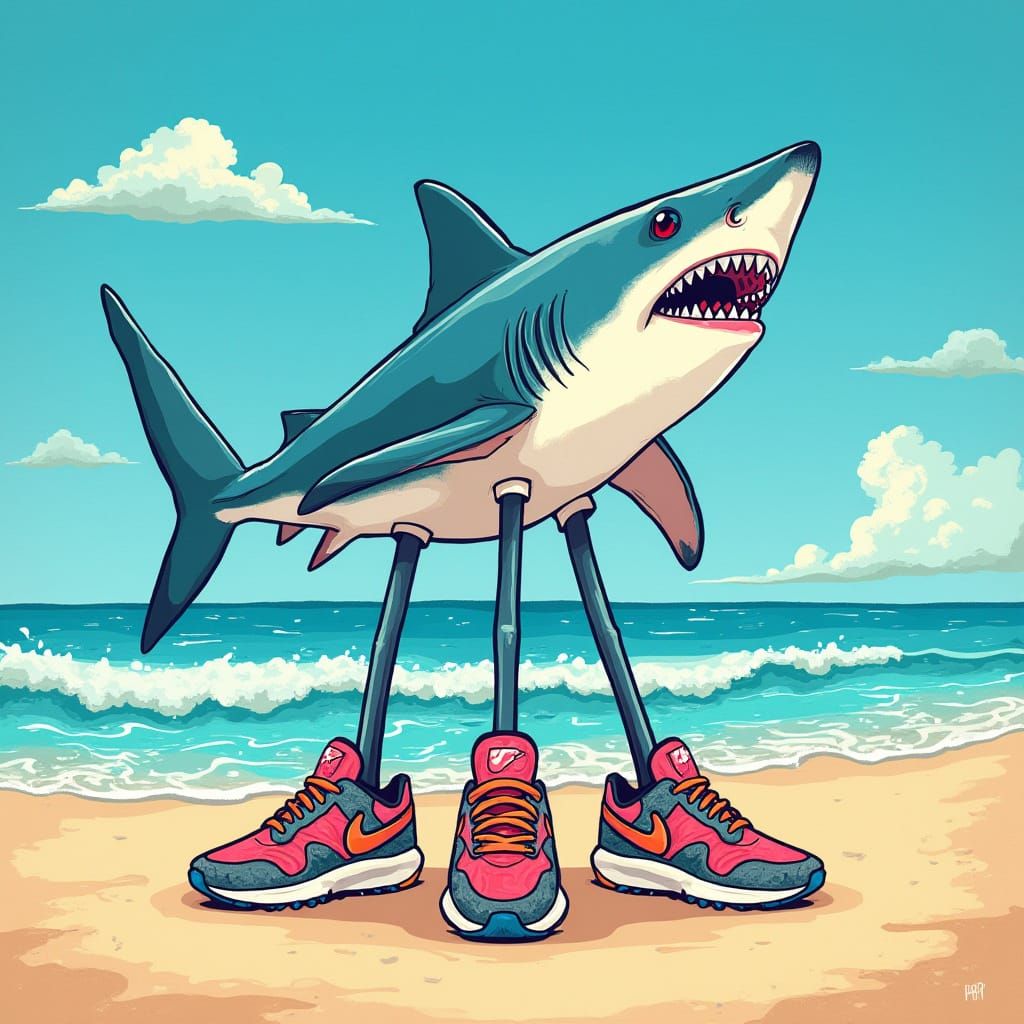 Three-Legged Shark in Nike Shoes on Beach