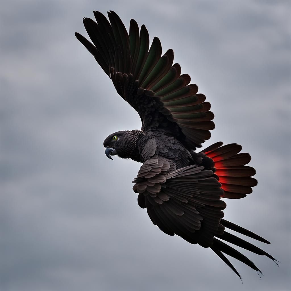 Red-Tailed Black Cockatoo Soaring in the Night