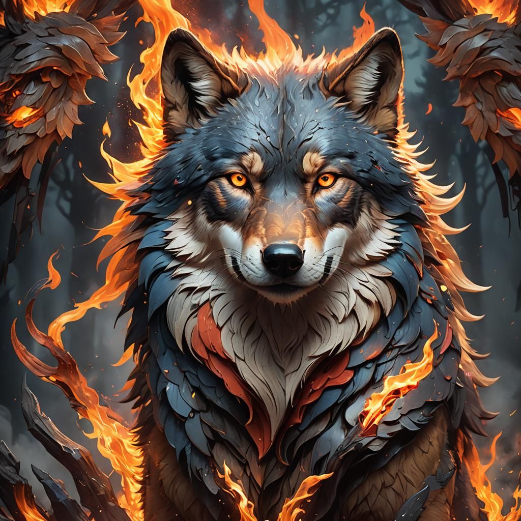 Fiery Wolf Portrait in Hyperdetailed Digital Art Style