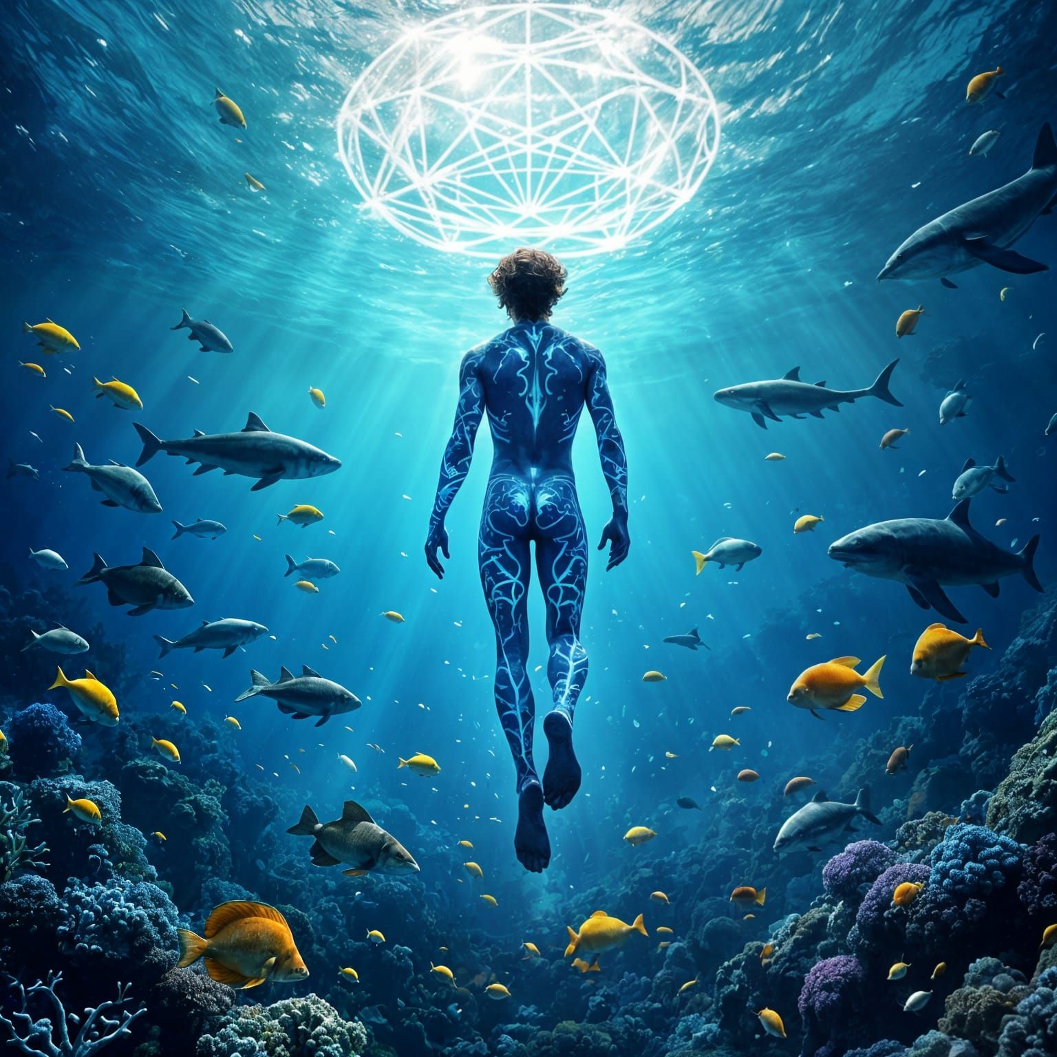 Aquatic Man Ascends in Ethereal Ocean Scene