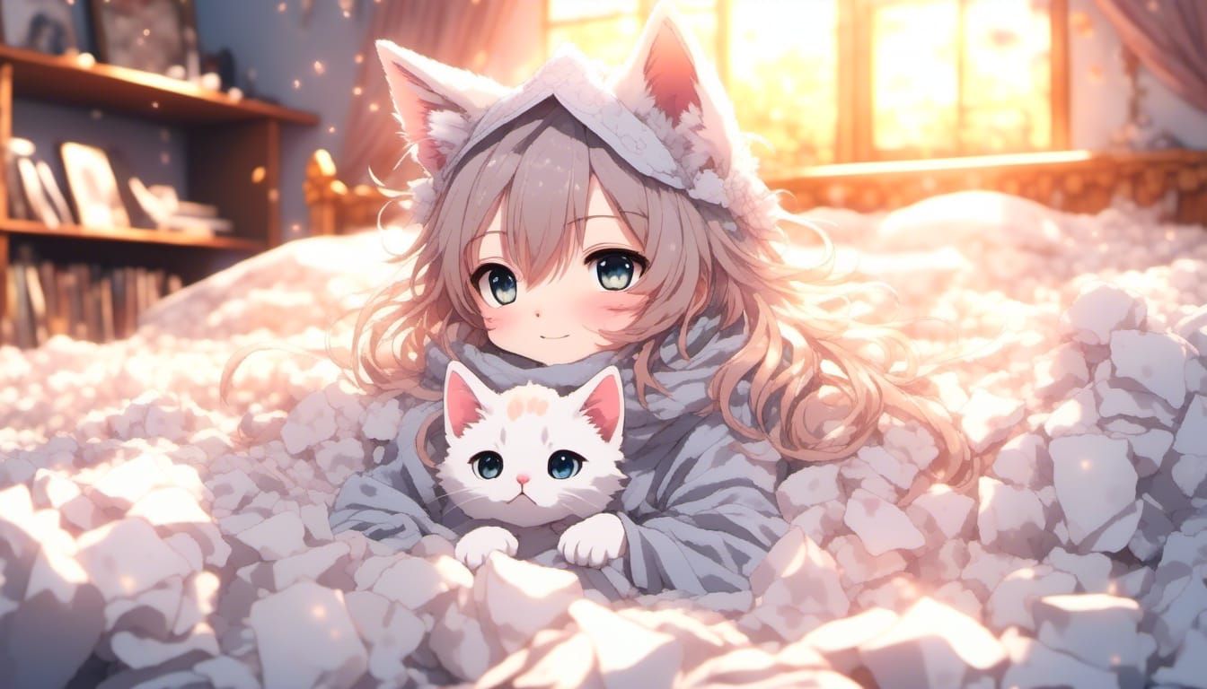 Cute Anthropomorphic Kitten with Cold in Anime Style