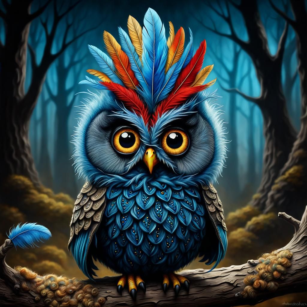 Whimsical Googly-Eyed Owl in Gothic-Punk Style