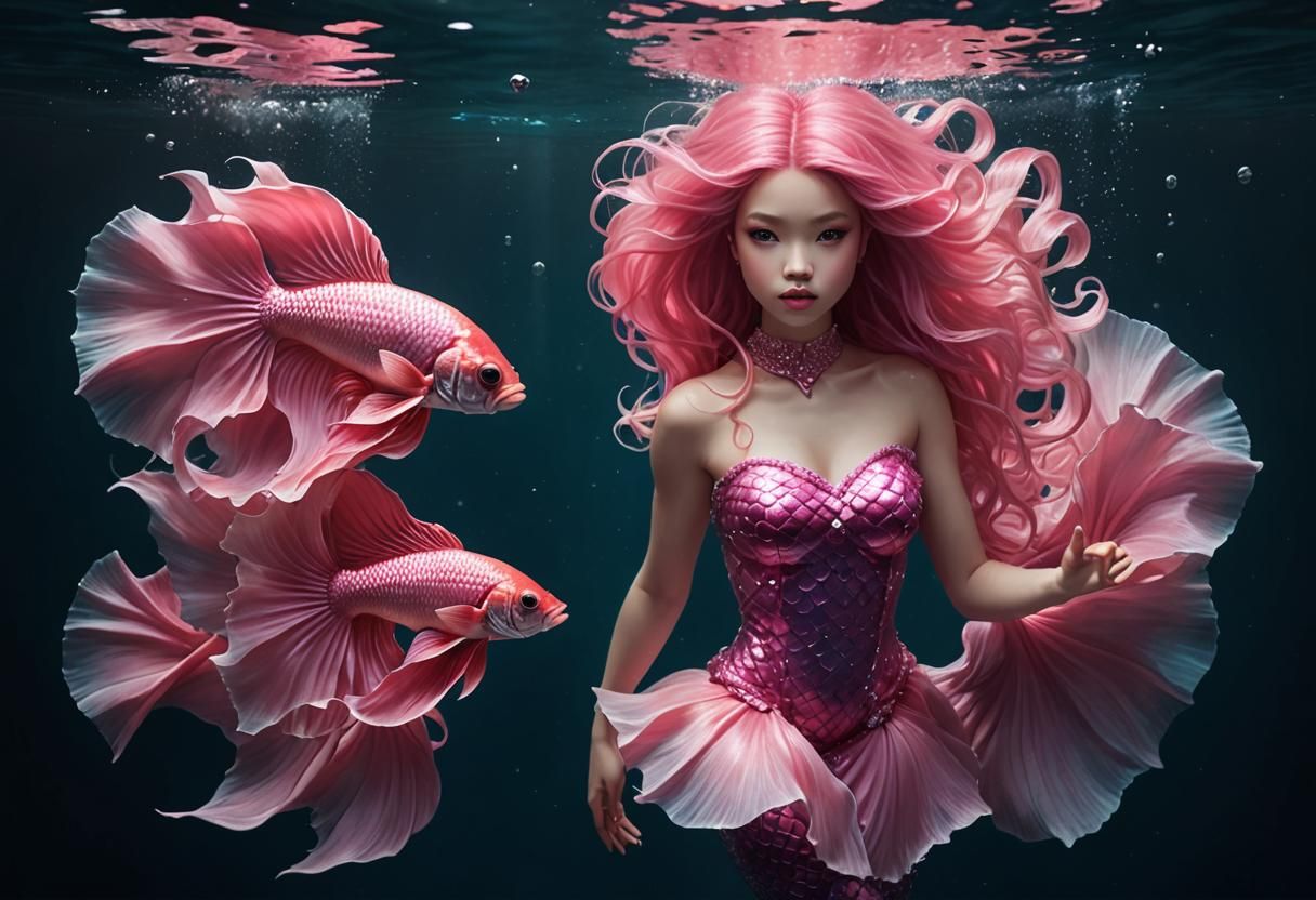 Pink Mermaid Surrounded by Betta Fish