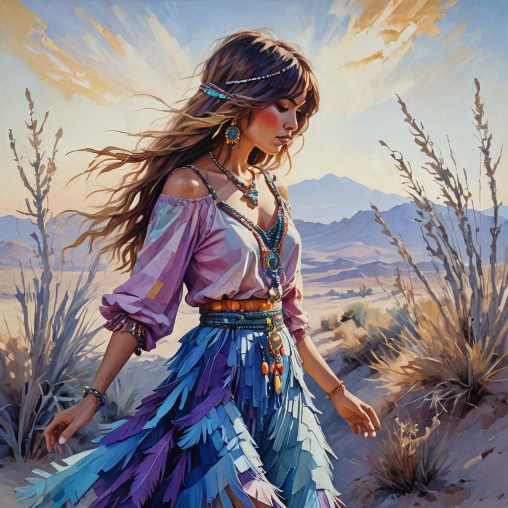 Bohemian Woman in Fauvist Desert Landscape