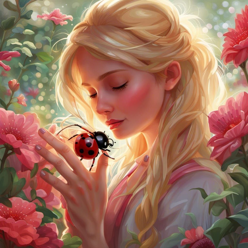 Ladybug on Hand in Flower Garden, Digital Art
