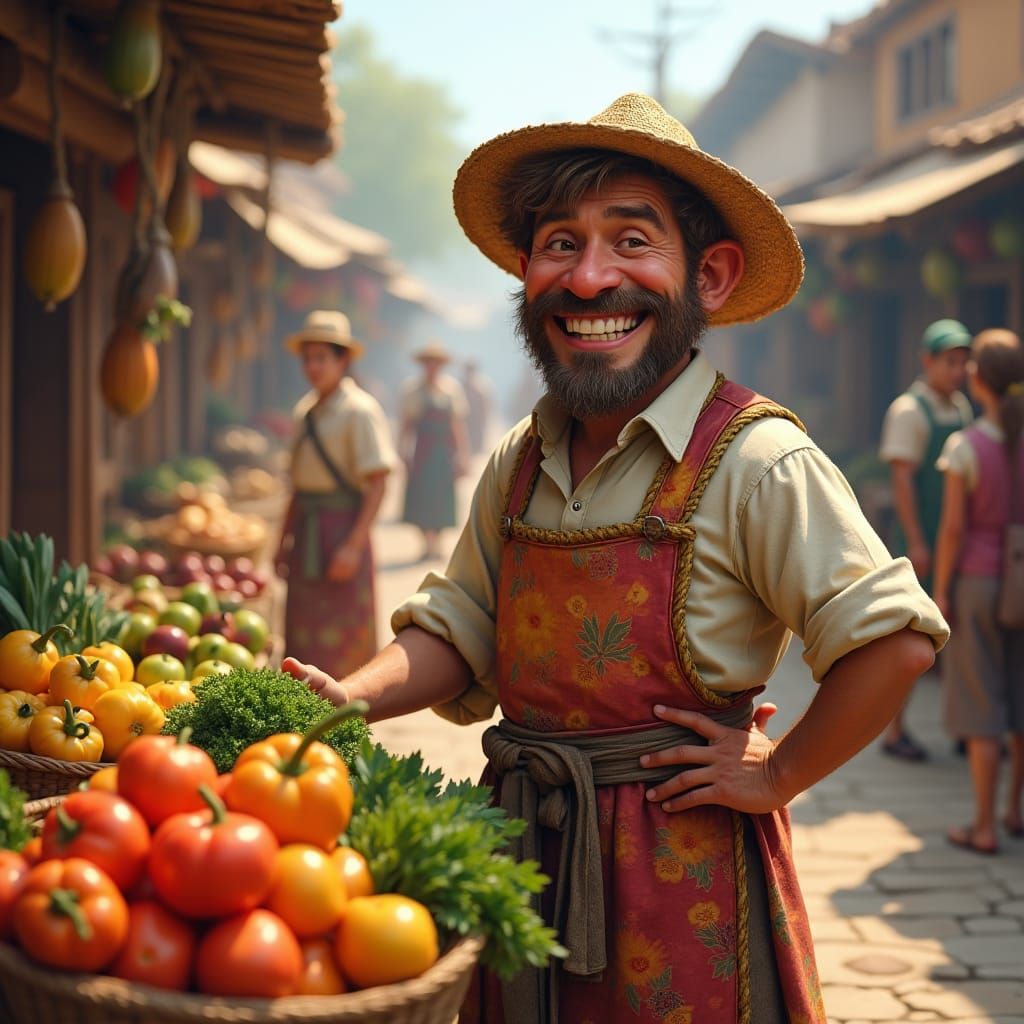 Cheerful Merchant at Bustling Village Market