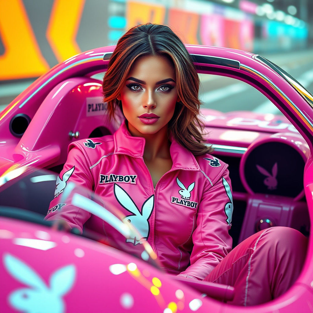 Mandy Thompson in Pink Playboy Race Car, Hyper-Realistic Sty...