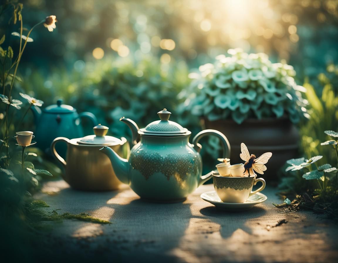 Fairy Hiding Under Teapot in Dreamy Garden