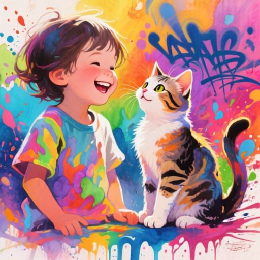 Colorful Portrait of Child and Kitten in Graffiti Art Style
