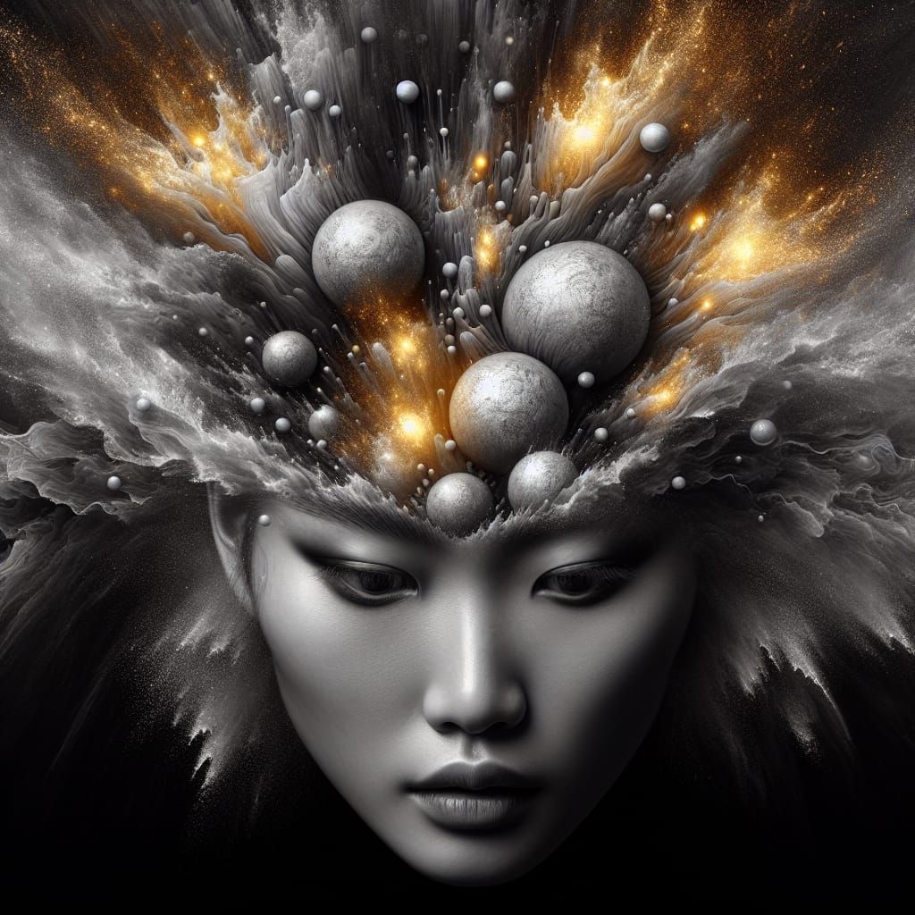 Surreal Asian Woman Portrait in Gold and Black