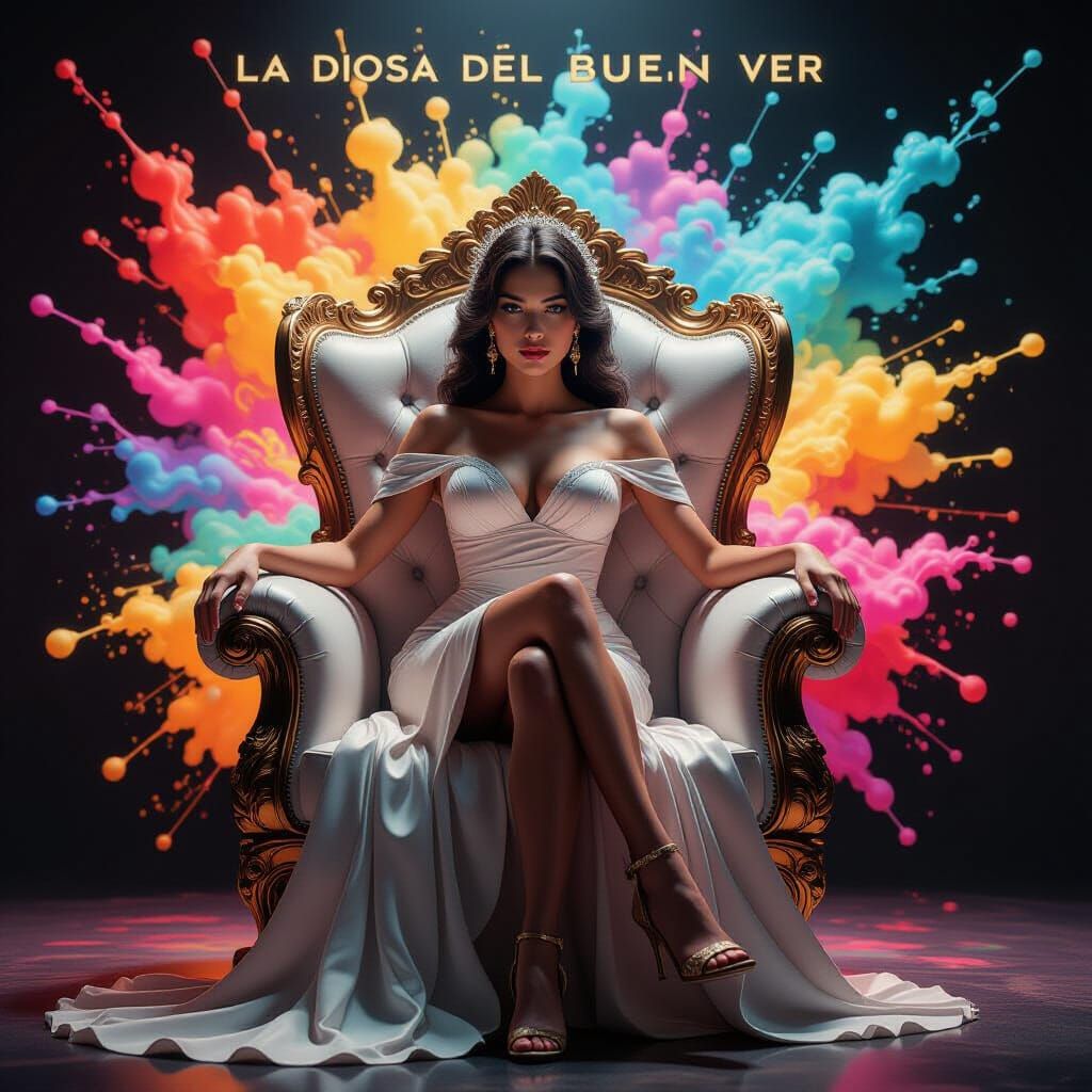 Elegant Goddess in Armchair, Hyperrealistic Splash Art